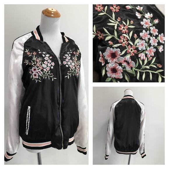 New Look Jackets & Blazers - NEW LOOK Peach Black White Floral Embroidery Color Block Satin Bomber Jacket